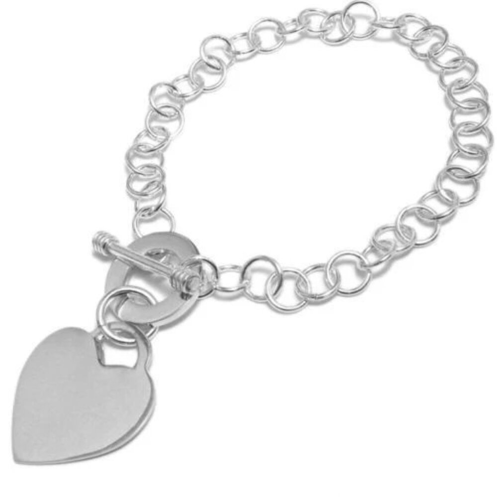 ELEGANT STERLING SILVER PERSONALIZED HEART TAG PENDANT BRACELET.